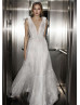 Beaded V Neck Ivory Lace Boho Wedding Dress